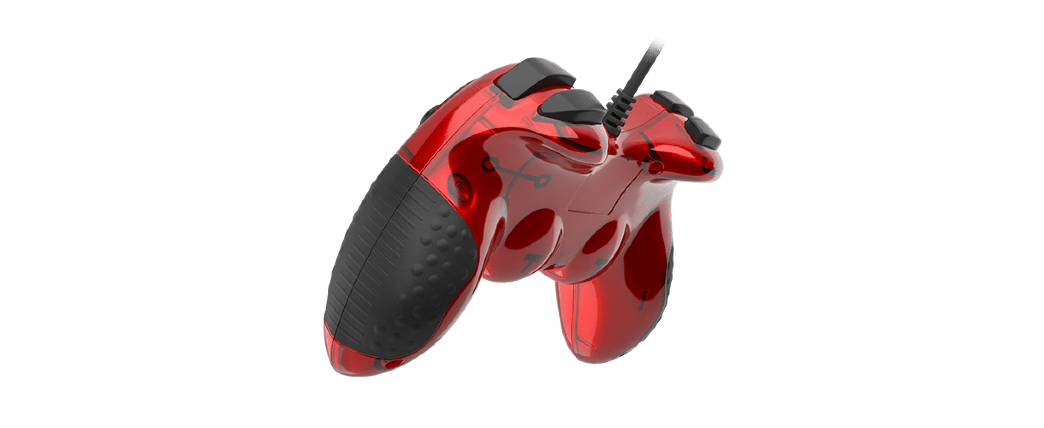 Mando de juegos con cable en acabado rojo translúcido con empuñaduras texturizadas y múltiples botones para juegos de PC