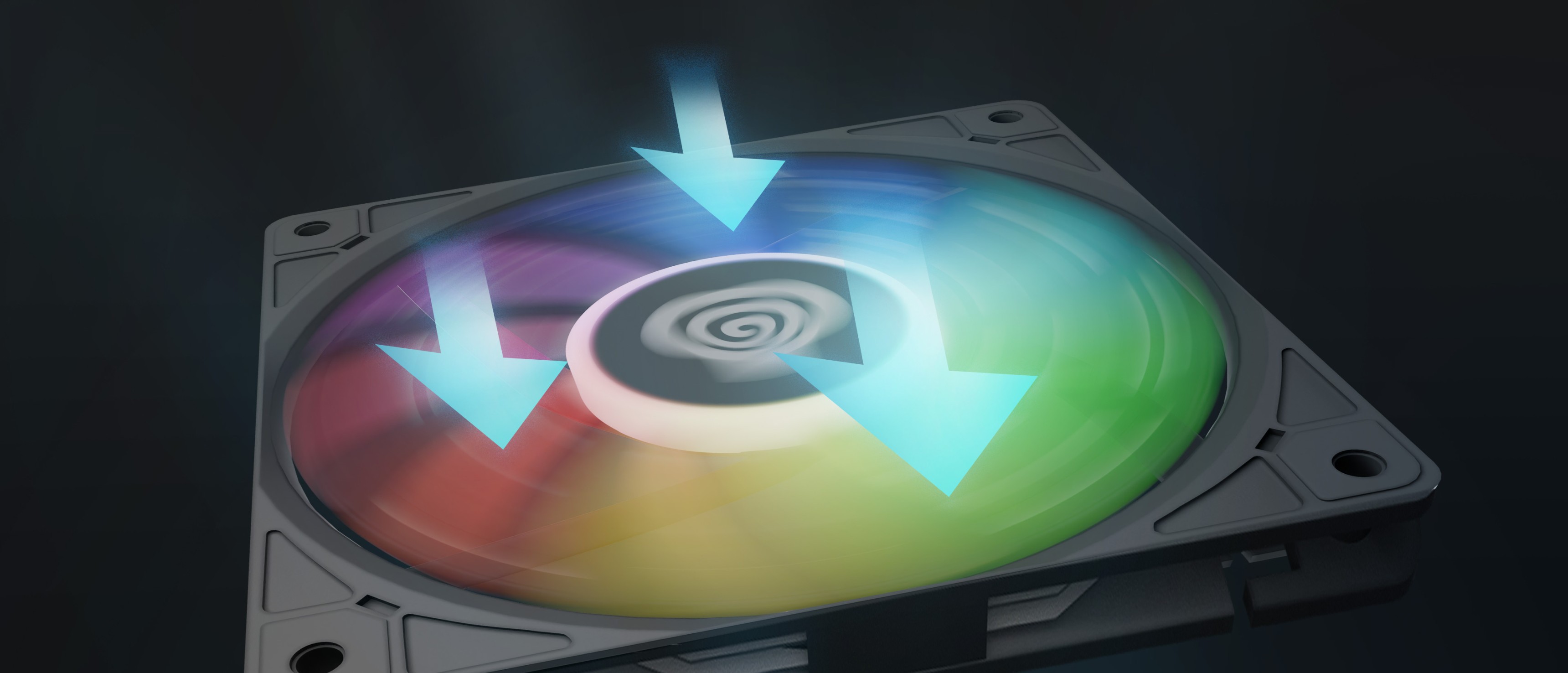 Ventilador ARGB negro con un colorido efecto de luz arremolinada, que muestra un diseño elegante para mejorar el flujo de aire