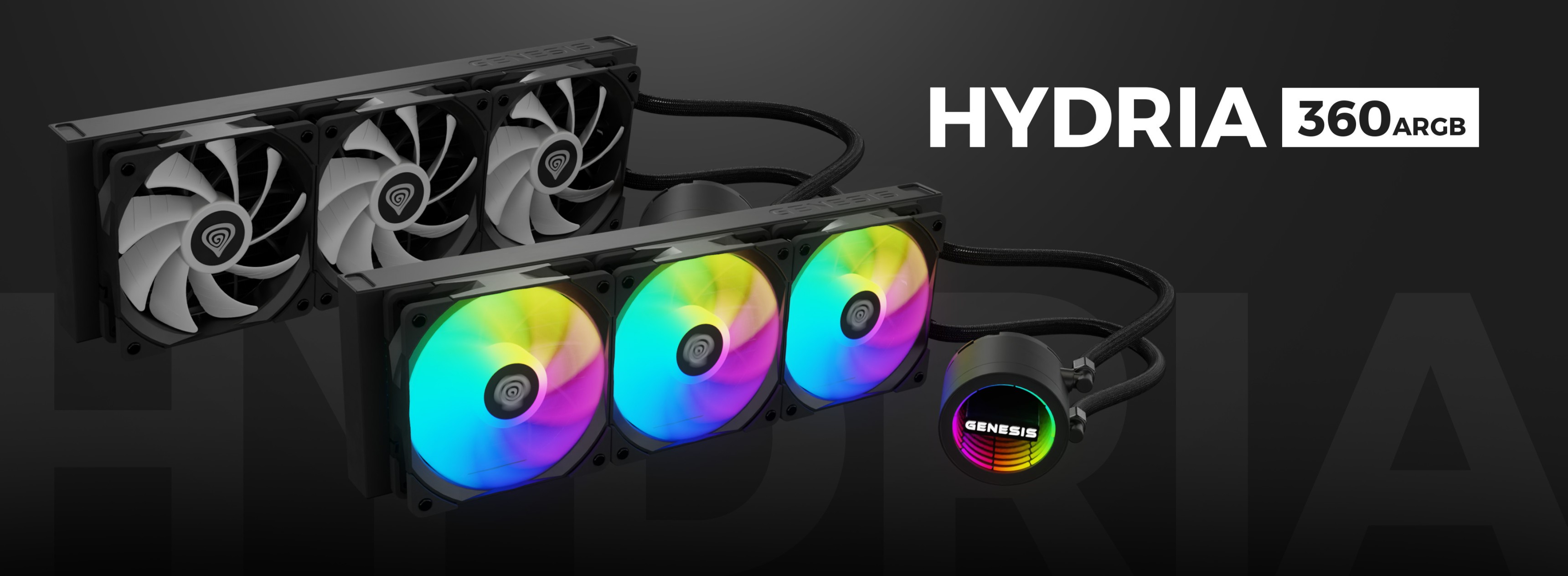 Sistema de refrigeración por agua Genesis Hydria 360 ARGB en negro, con tres ventiladores RGB y un elegante diseño de bomba