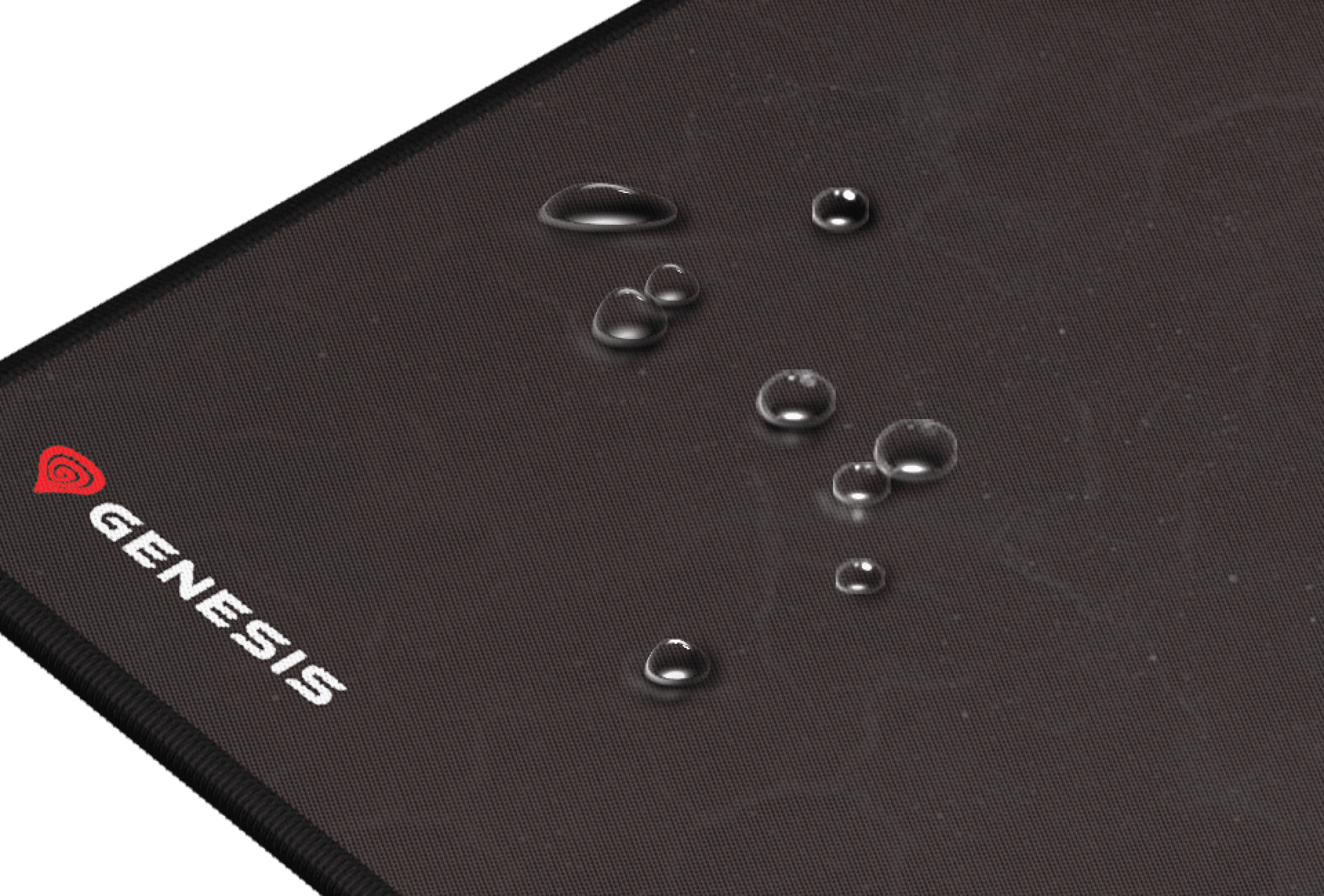Gran alfombrilla de ratón negra para juegos con gotas de agua en la superficie y el logotipo de Genesis en la esquina