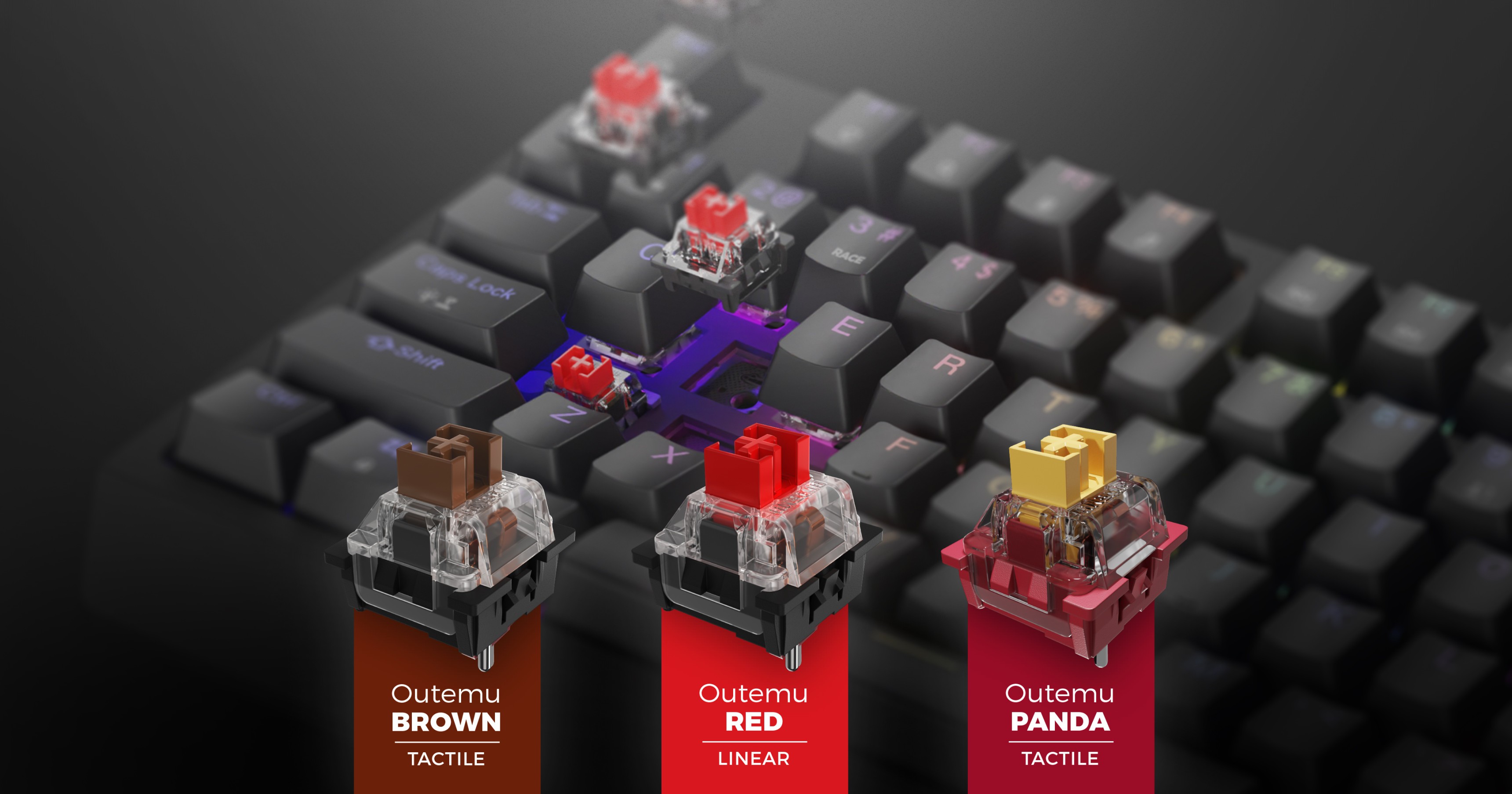 Primer plano de un teclado mecánico con interruptores Outemu Rojo, con iconos visuales para los interruptores Marrón y Panda debajo