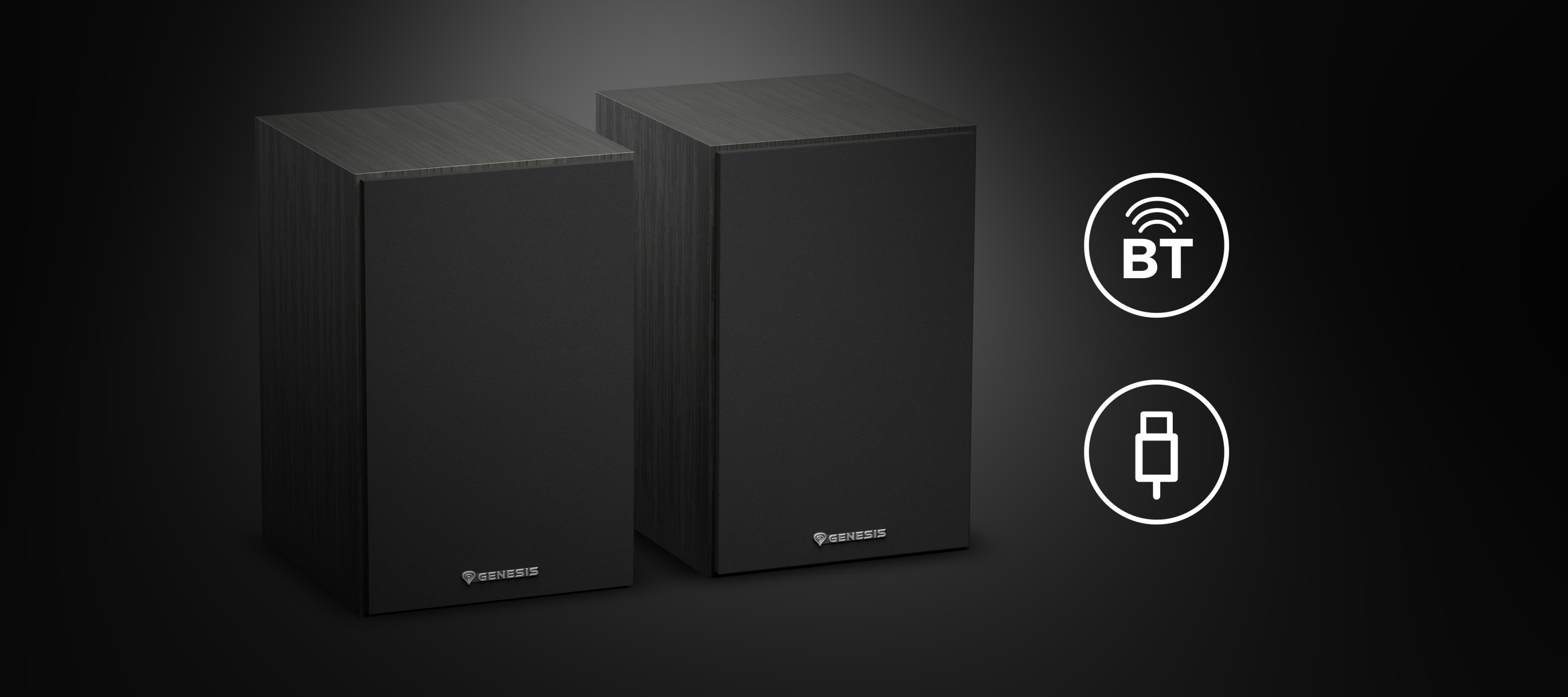 Altavoces negros Genesis Arsen 302BT 2.0 con Bluetooth e iconos de conectividad USB