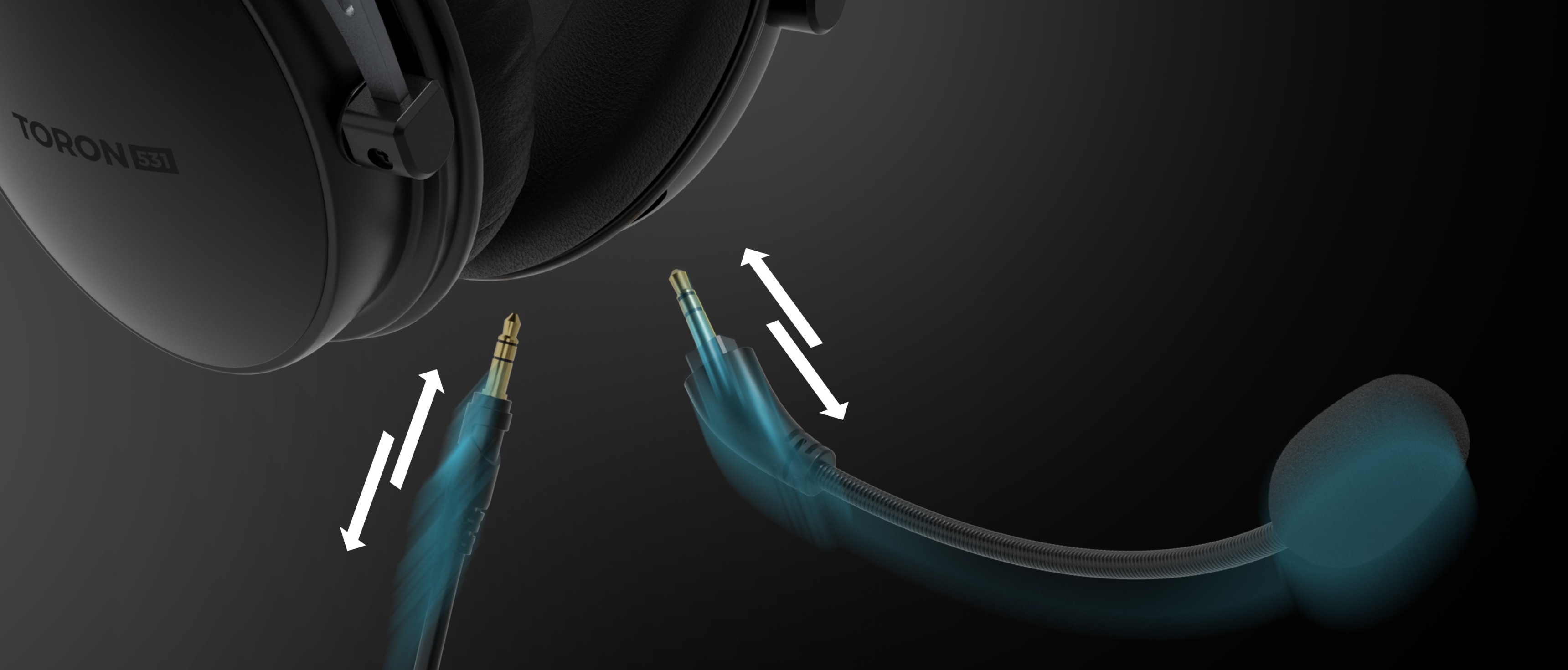 Primer plano de los auriculares over-ear negros Genesis Toron 531 con micrófono desmontable y conector de audio