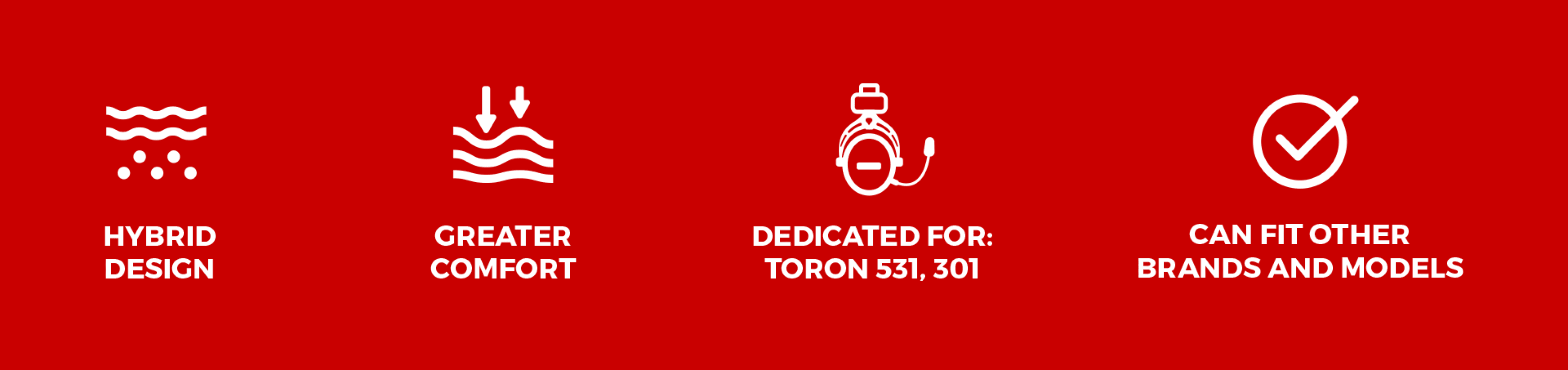 Iconos que destacan las características de las almohadillas para auriculares Genesis Toron EP01: diseño híbrido, comodidad, compatibilidad con los modelos Toron y ajuste para otras marcas